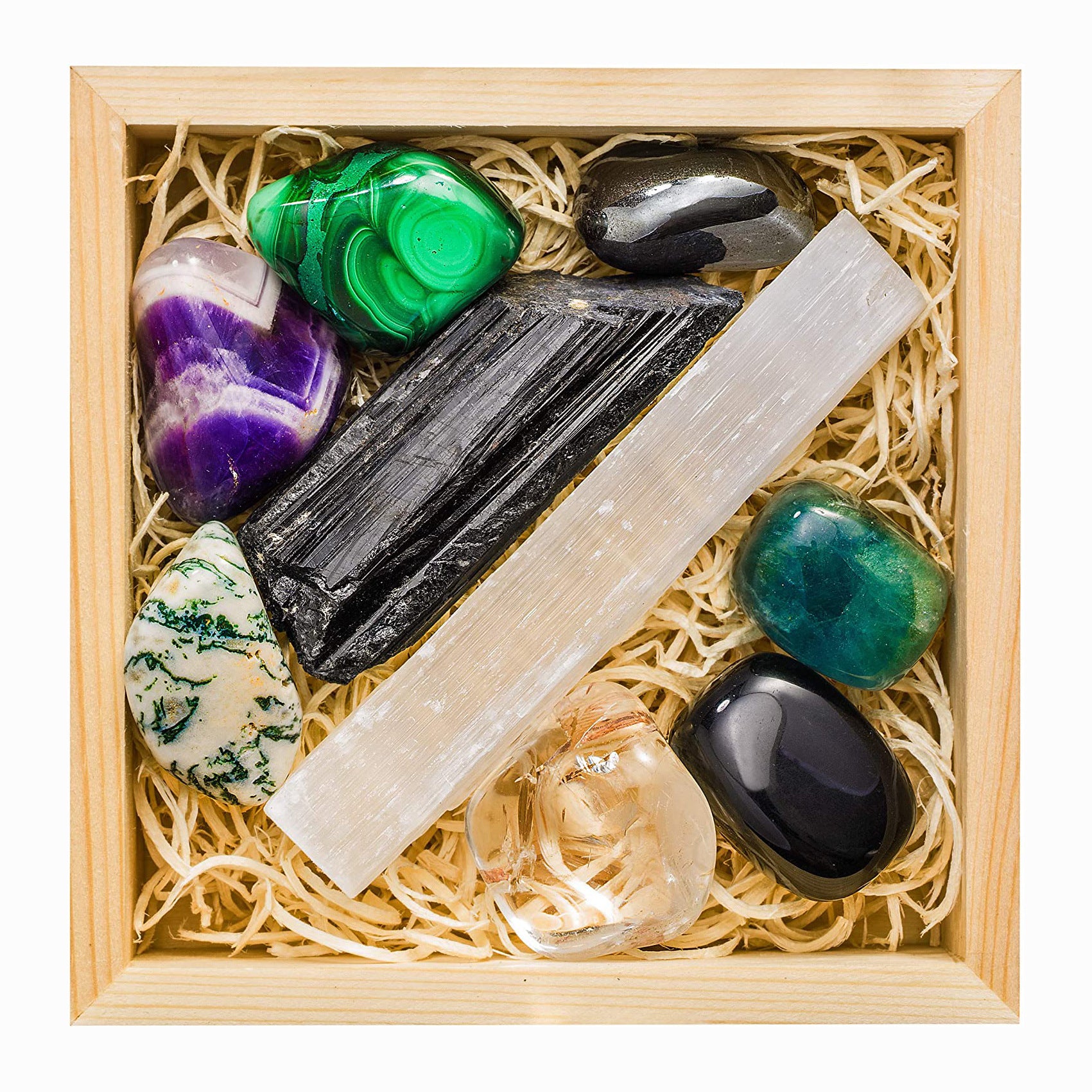 Travel Chakra Crystals and Healing Stones in Wooden Gift Box + 50pg EBOOK – 7 Chakra Tumbled Gemstones, Quartz Crystal Point, Amethyst Crystal, Rose Quartz,Stone Guide, Made in