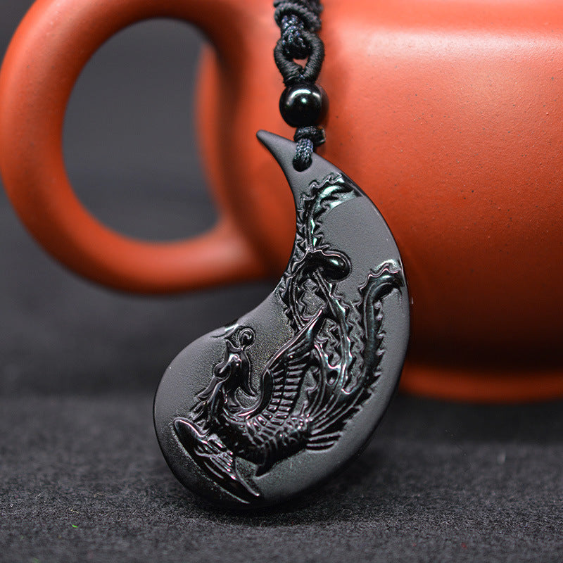 Obsidian Yin Yang Dragon and Phoenix Pendant Necklaces for Couples