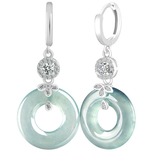 Natural A-grade jadeite blue water jade hoop earrings earrings ice jade S925 silver inlaid female high-end fashion earrings