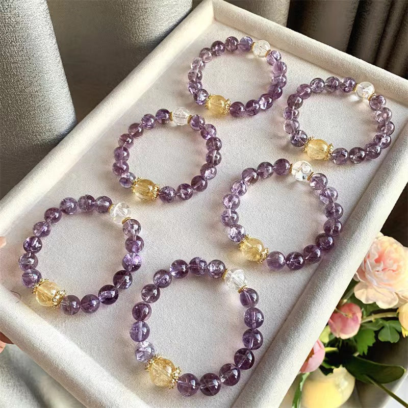 Natural Amethyst Wealth Bracelet with Crystal Glitter, 10mm Crystal Round Beads