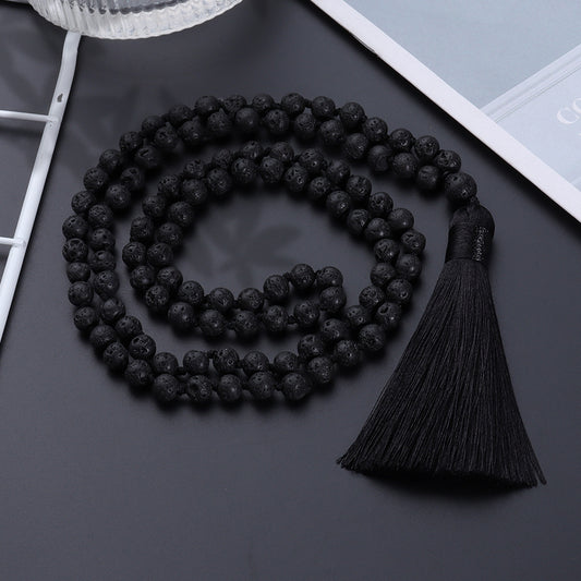 Natural Volcanic Stone 108 Mala Prayer 8mm Beads Knotted Necklace, Energy Balance Healing Tassel Japa Mala