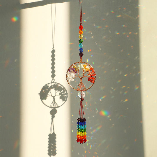 Tree of Life Sun Catcher Hanging Charm, 7 Chakra Gemstone Chip Pendant Decoration, Tree of Life Dream Catcher Car Hanging Ornament Boho Rainbow, Crystal Window Wall Decor