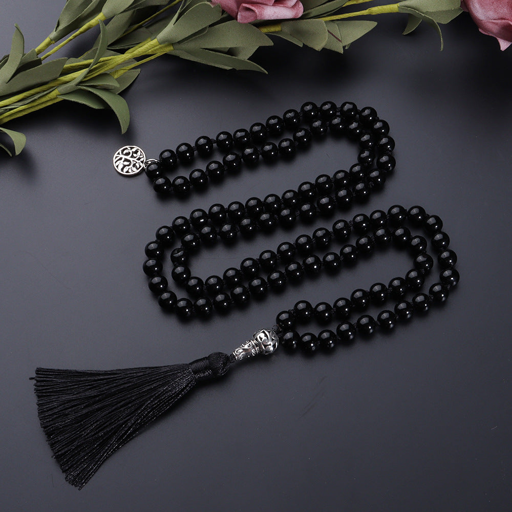 8MM Natural Black Jade Mala Prayer Beads Necklace/Bracelet Strand, Round- 108 Mala Necklace with Tree of Life Pendant | Japa Mala Gemstone Prayer Beads