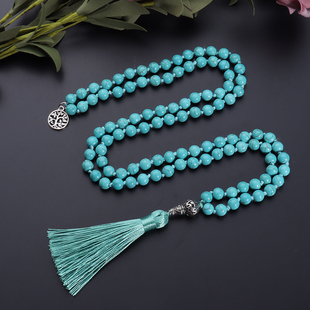 8mm Natural Turquoise Stone Beads Knotted 108 Mala Beaded Necklace with Tree of Life Pendant, Meditation Yoga Prayer Jewelry Tree of Life Pendant Tassel Japa Mala Rosary Beads Necklaces