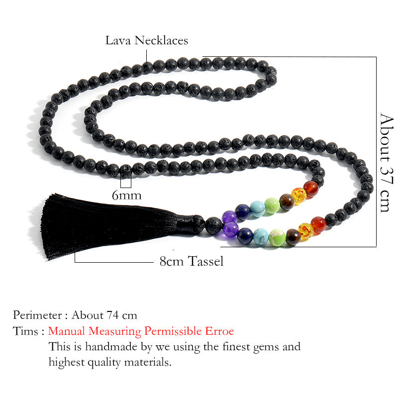 6mm Chakra Long Mala Rosary Prayer Beads Tassel Necklace, Japa Yoga Buddhist Rosary Prayer Charm Beaded Strand Necklaces, Natural Volcanic Stone Meditation Statement Necklace