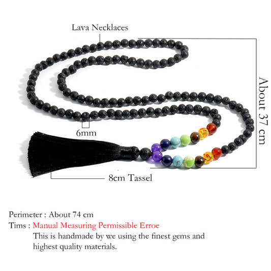 6mm Chakra Long Mala Rosary Prayer Beads Tassel Necklace, Japa Yoga Buddhist Rosary Prayer Charm Beaded Strand Necklaces, Natural Volcanic Stone Meditation Statement Necklace