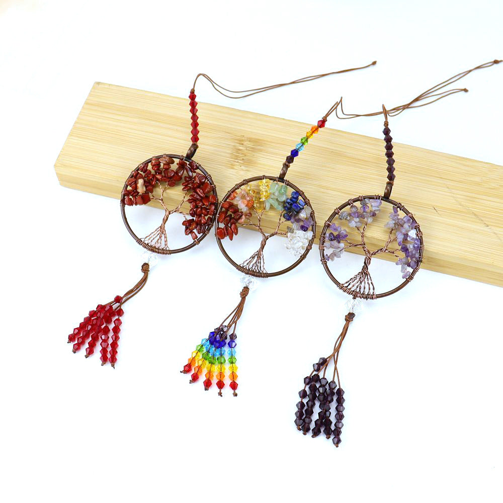 Tree of Life Sun Catcher Hanging Charm, 7 Chakra Gemstone Chip Pendant Decoration, Tree of Life Dream Catcher Car Hanging Ornament Boho Rainbow, Crystal Window Wall Decor