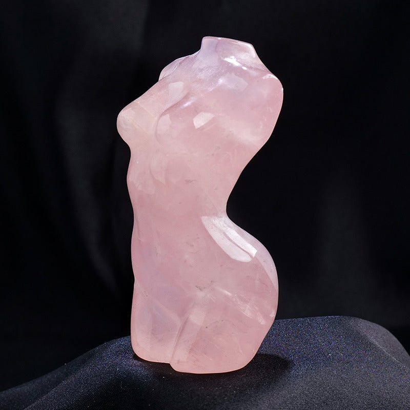 Hand Carved 3" Healing Natural Crystal Crafts Rose Quarzt Female Body Sculpture Statue, Trunk Obsidian Woman Naked Model Gem Ornament