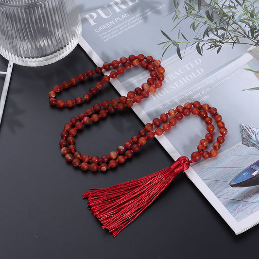 Smooth Natural Red Smooth Agate Mala Beads Necklace, Tassel Holy Beads Garland, 108 Prayer Beads Hand Made Mala Necklace