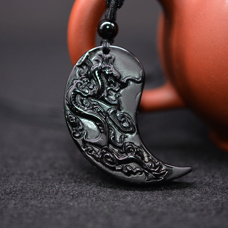 Obsidian Yin Yang Dragon and Phoenix Pendant Necklaces for Couples