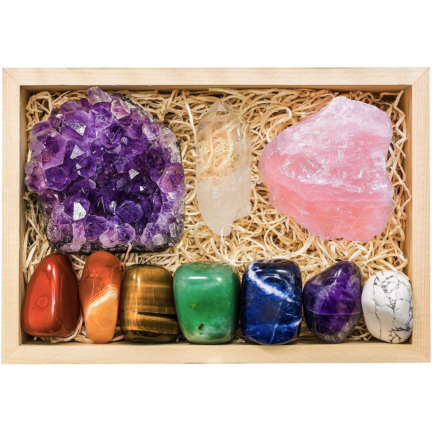 Travel Chakra Crystals and Healing Stones in Wooden Gift Box + 50pg EBOOK – 7 Chakra Tumbled Gemstones, Quartz Crystal Point, Amethyst Crystal, Rose Quartz,Stone Guide, Made in