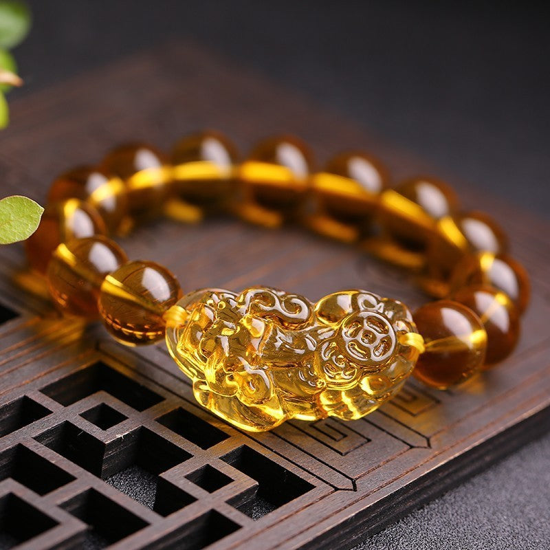 Feng Shui 12mm Citrine Gem Stone Wealth Porsperity Bracelet with Pi Xiu/Pi Yao, Attract Good Luck And Wealth