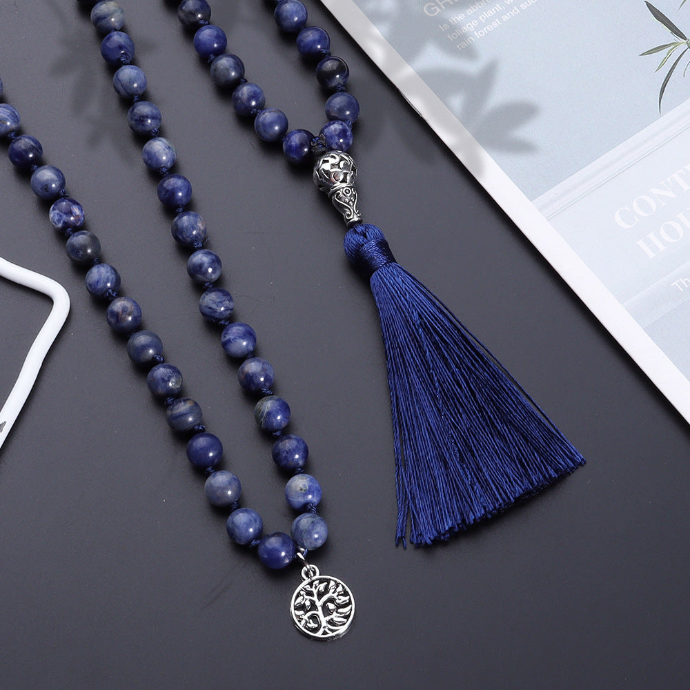 108 Natural Blue Sodalite Lapis Lazuli Stone Handmade Beaded Knot Meditation Yoga Long Necklace, Tree of Life Pendant