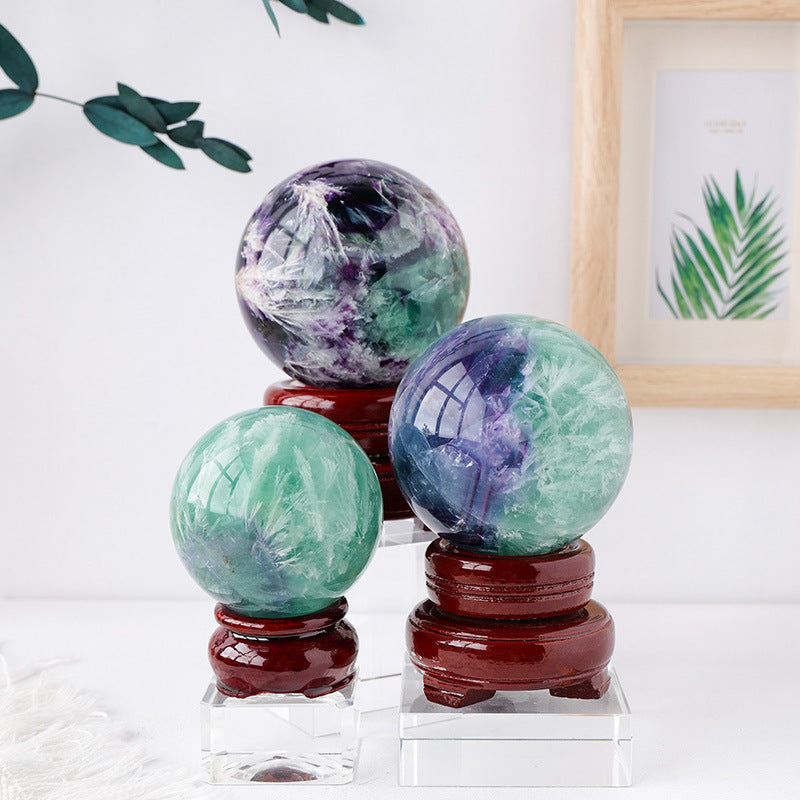 Natural Feather Fluorite Crystal Decorative Ball, Stone Polished Round Healing Crystals with Wooden Stand Meditation Living Room Home Decor