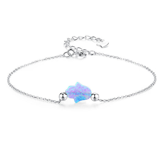 Blue Synthetic Opal Hamsa Hand of Fatima Bracelet Sterling Silver 925 Adjustable Cable Chain