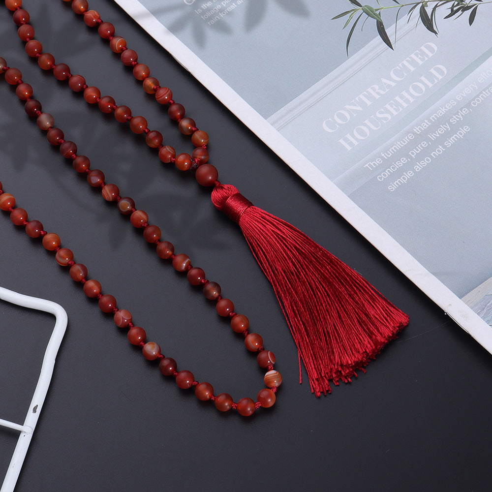 Smooth Natural Red Smooth Agate Mala Beads Necklace, Tassel Holy Beads Garland, 108 Prayer Beads Hand Made Mala Necklace