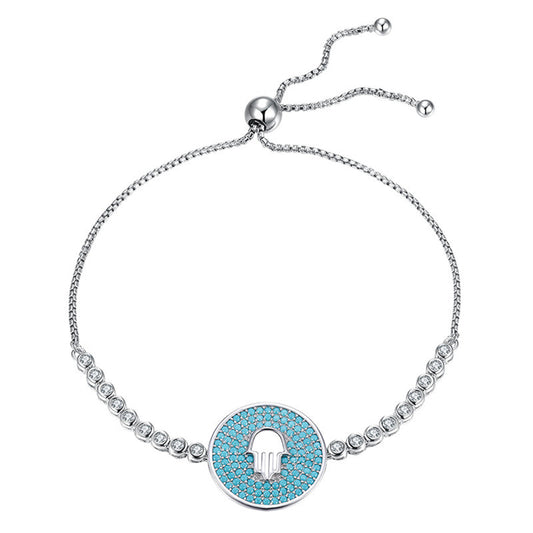 Blue Evil eye Hamsa hand bracelets in 925 Sterling silver with turquoise zirconia tennis chain