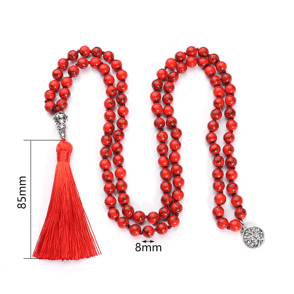 8MM Red Turquoise Mala Beads Necklace with Tree of Life Pendant, Japa Yoga Rosary Prayer Charm Beaded Tassel Necklace, Natural Stone Meditation Statement Necklaces