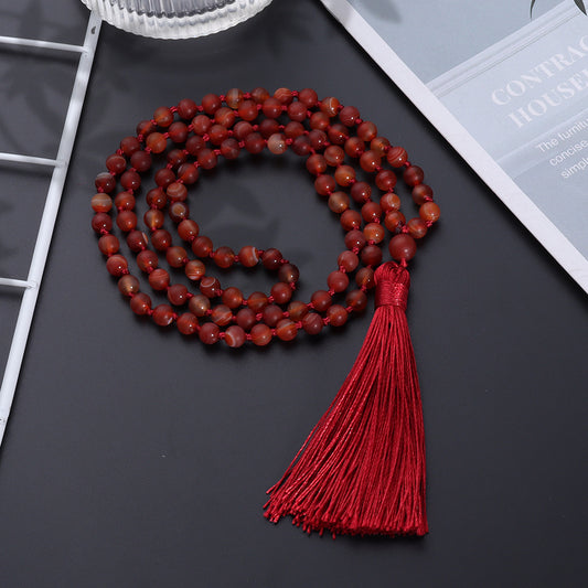 Smooth Natural Red Smooth Agate Mala Beads Necklace, Tassel Holy Beads Garland, 108 Prayer Beads Hand Made Mala Necklace