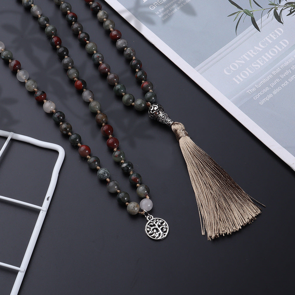 108 Mala Beads Necklace Semi-Precious Agate Gem Stones Necklace, Hand Knotted Japa Mala Beaded Tassel Necklace with Tree of Life Pendant