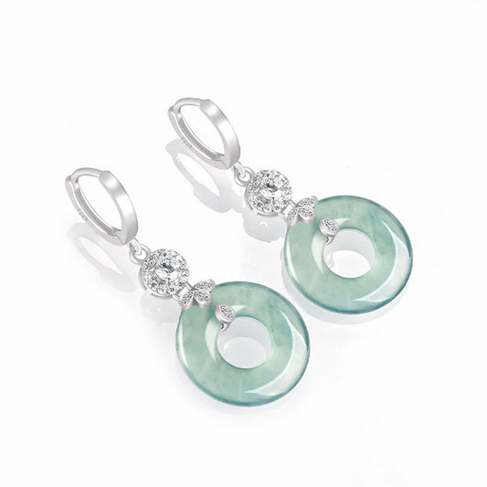 Natural A-grade jadeite blue water jade hoop earrings earrings ice jade S925 silver inlaid female high-end fashion earrings