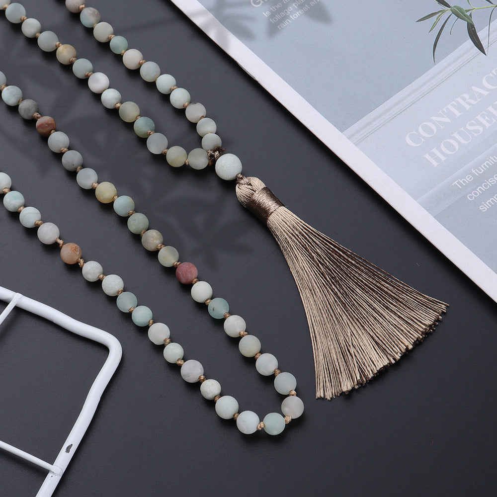 6mm Natural Amazonite Stone Long Beaded Necklace - 108 Hand Knotted Mara Beaded Fringe Long Tassel Boho Necklace with Tree of Life Pendant, Natural Gemstones Meditation Yoga Prayer Jewelry