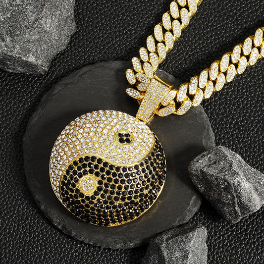 Iced Out 13mm Width Cuban Chain Alloy And Bling Rhinestone Hip Hop Big Round Pendant Necklace