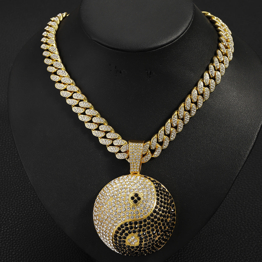 Iced Out 13mm Width Cuban Chain Alloy And Bling Rhinestone Hip Hop Big Round Pendant Necklace