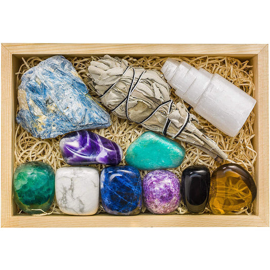 Large Sleep Crystals and Healing Stones for Stress and Anxiety Relief - Amethyst, Lepidolite, Fluorite, Smoky Quartz, Gypsum, Sage and Information Guide in a Wooden Gift Box + 50pg eBook