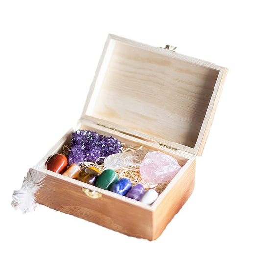 Premium Grade Crystals and Healing Stones in Wooden Display Box, Rose Quartz, Amethyst Crystal, 7 Tumbled Chakra Gemstones, Quartz Crystal Point + Guide & Instructions - Gift Kit