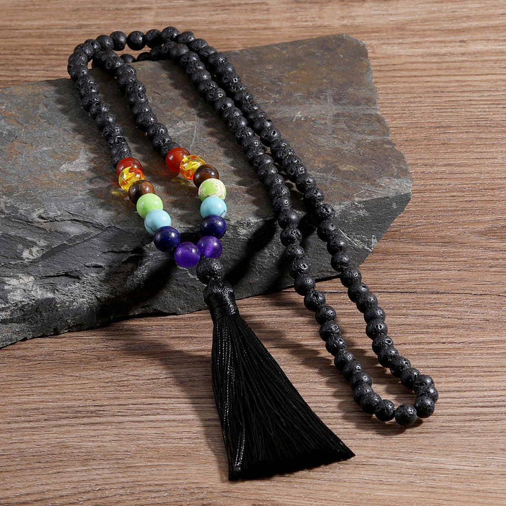 6mm Chakra Long Mala Rosary Prayer Beads Tassel Necklace, Japa Yoga Buddhist Rosary Prayer Charm Beaded Strand Necklaces, Natural Volcanic Stone Meditation Statement Necklace