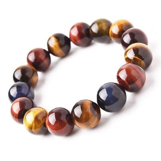 Handmade Tiger Eye Stone Bracelet, Rare Red Yellow Blue Beads Natural Crystal Talisman Bring Luck Prosperity Energy for Men Women 14mm