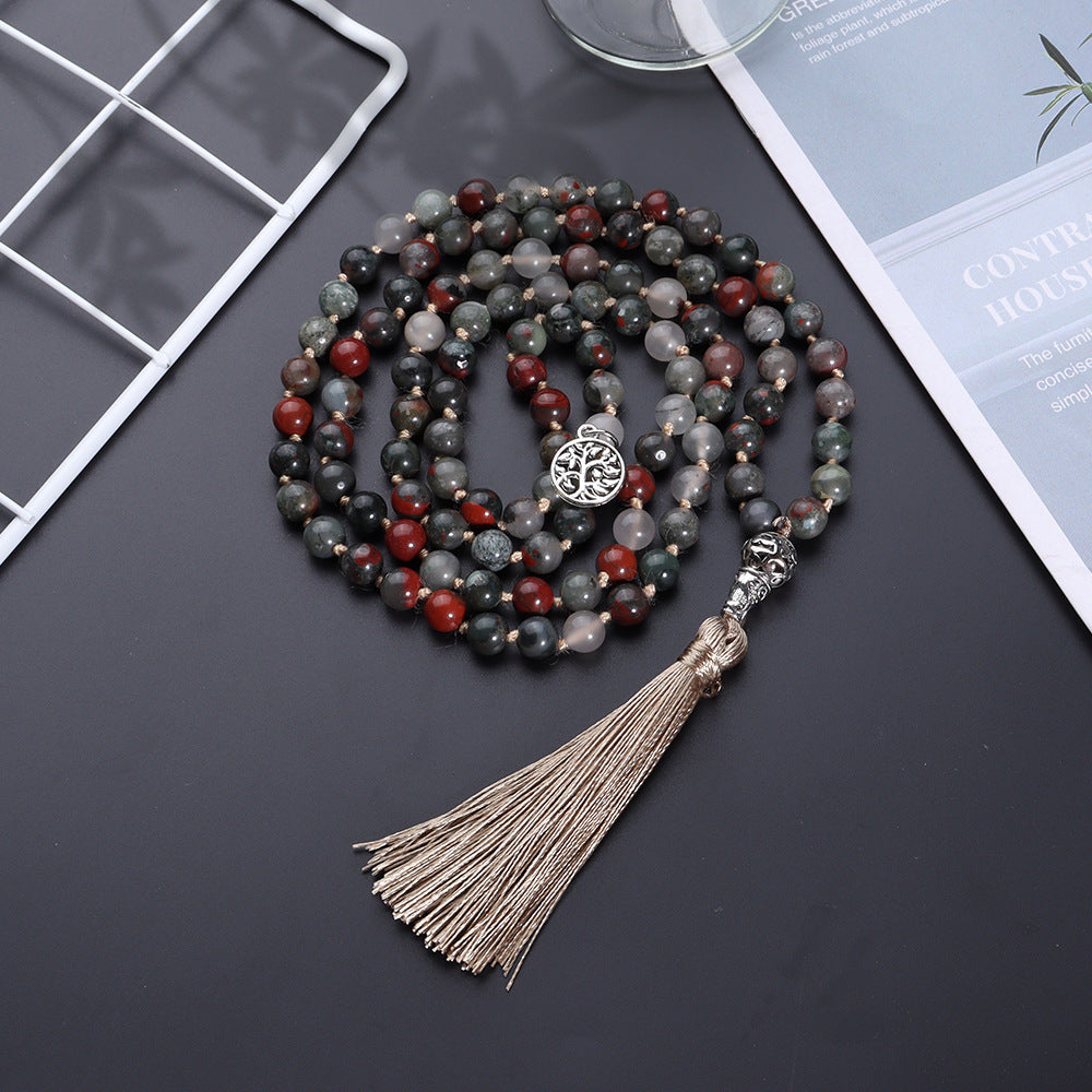 108 Mala Beads Necklace Semi-Precious Agate Gem Stones Necklace, Hand Knotted Japa Mala Beaded Tassel Necklace with Tree of Life Pendant