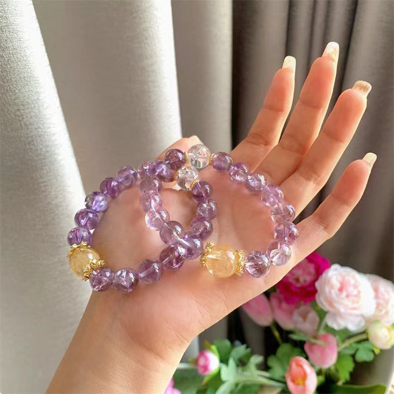 Natural Amethyst Wealth Bracelet with Crystal Glitter, 10mm Crystal Round Beads