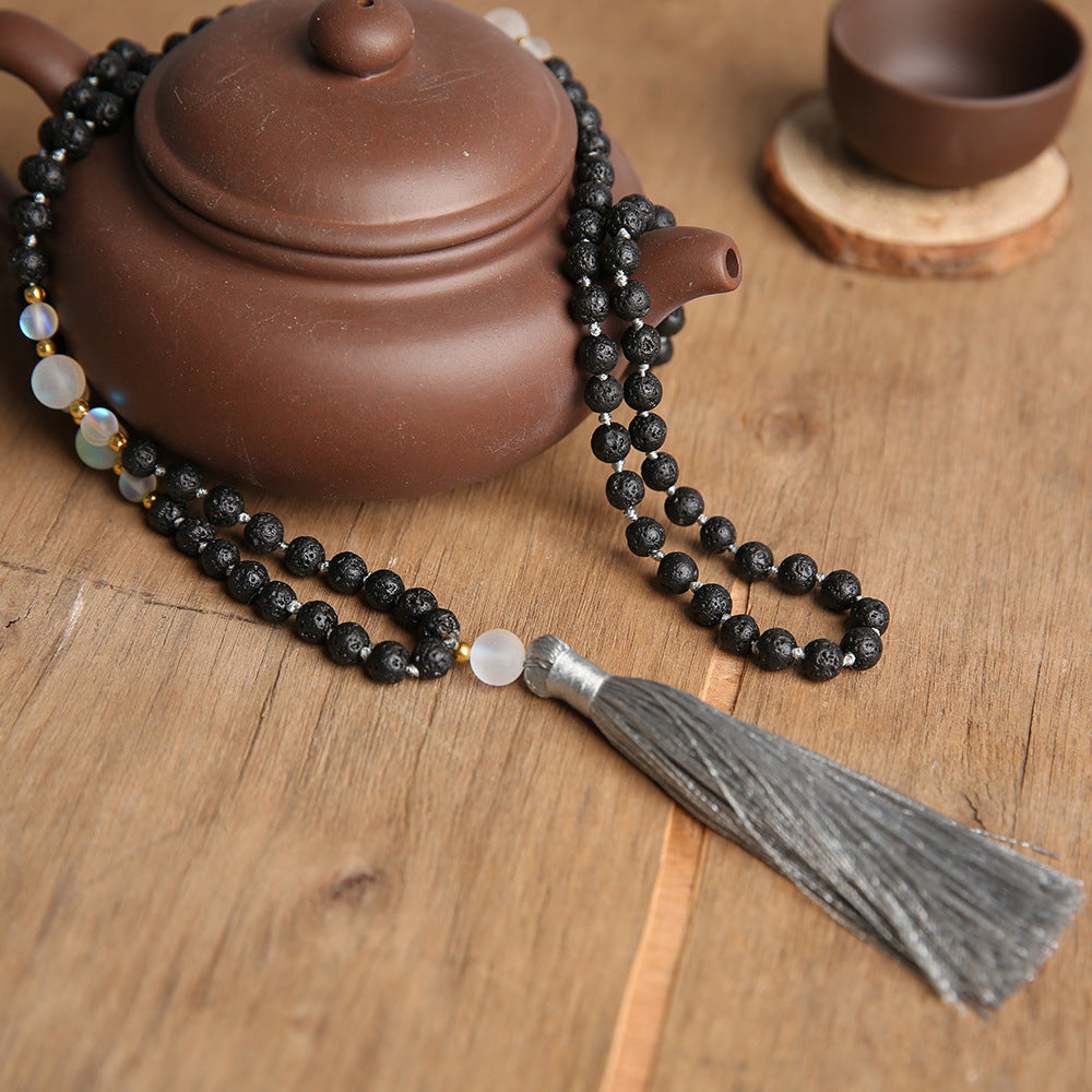 6mm 108 Mala Beads Natural Volcanic Stone Knotted Meditation Semi-Precious Necklaces, Men and Women Charm Necklace Hanging Black Tassel