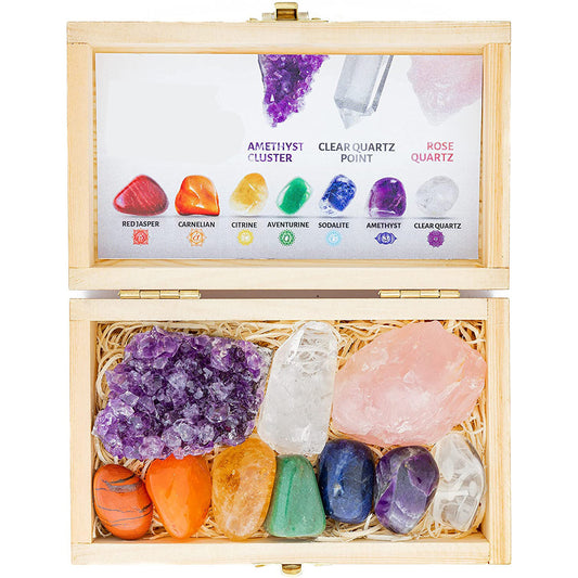 Travel Chakra Crystals and Healing Stones in Wooden Gift Box + 50pg EBOOK – 7 Chakra Tumbled Gemstones, Quartz Crystal Point, Amethyst Crystal, Rose Quartz,Stone Guide, Made in