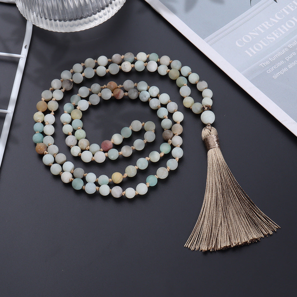 6mm Natural Amazonite Stone Long Beaded Necklace - 108 Hand Knotted Mara Beaded Fringe Long Tassel Boho Necklace with Tree of Life Pendant, Natural Gemstones Meditation Yoga Prayer Jewelry