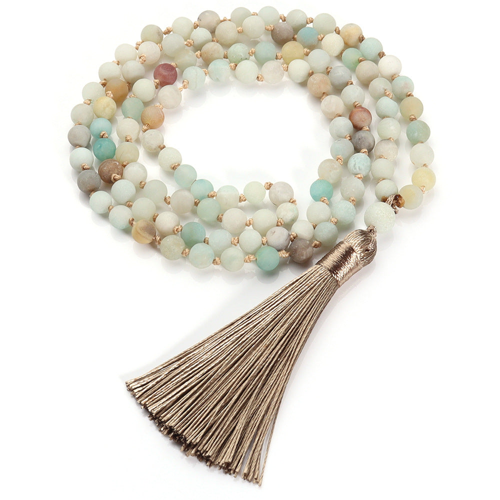 6mm Natural Amazonite Stone Long Beaded Necklace - 108 Hand Knotted Mara Beaded Fringe Long Tassel Boho Necklace with Tree of Life Pendant, Natural Gemstones Meditation Yoga Prayer Jewelry