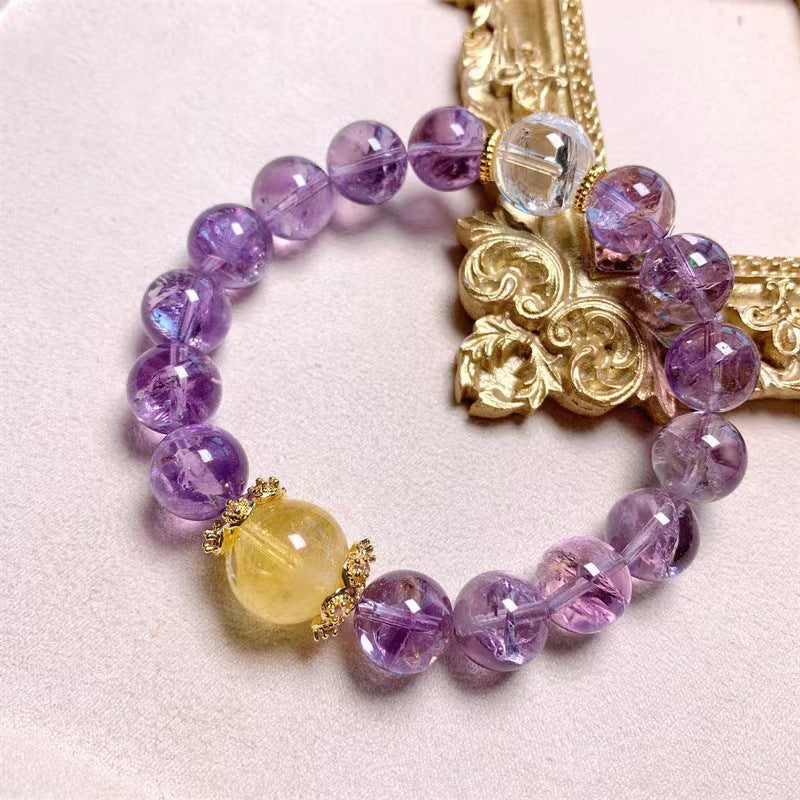 Natural Amethyst Wealth Bracelet with Crystal Glitter, 10mm Crystal Round Beads