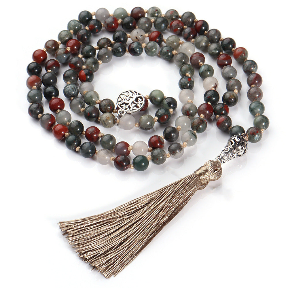 108 Mala Beads Necklace Semi-Precious Agate Gem Stones Necklace, Hand Knotted Japa Mala Beaded Tassel Necklace with Tree of Life Pendant