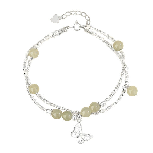 Broken silver butterfly double layer bracelet female S925 sterling silver and Hetian jade hand jewelry - butterfly dance fortune broken silver jade chain