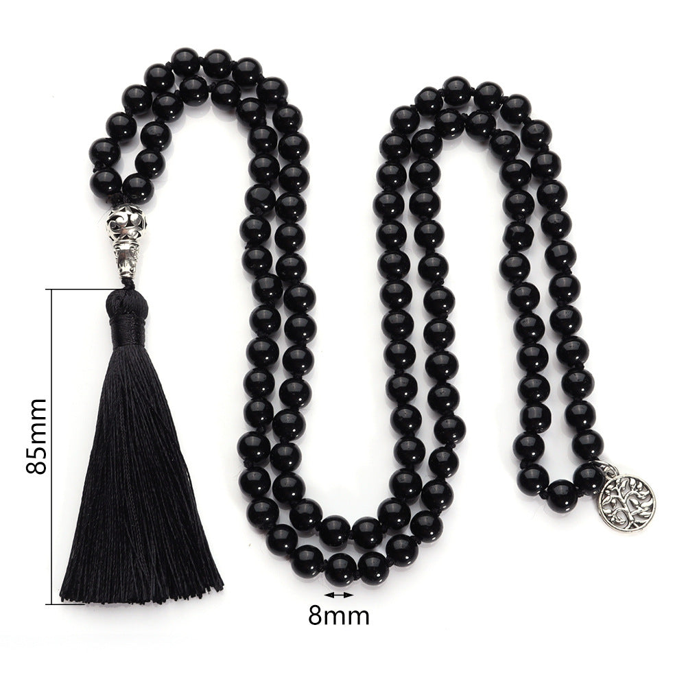 8MM Natural Black Jade Mala Prayer Beads Necklace/Bracelet Strand, Round- 108 Mala Necklace with Tree of Life Pendant | Japa Mala Gemstone Prayer Beads