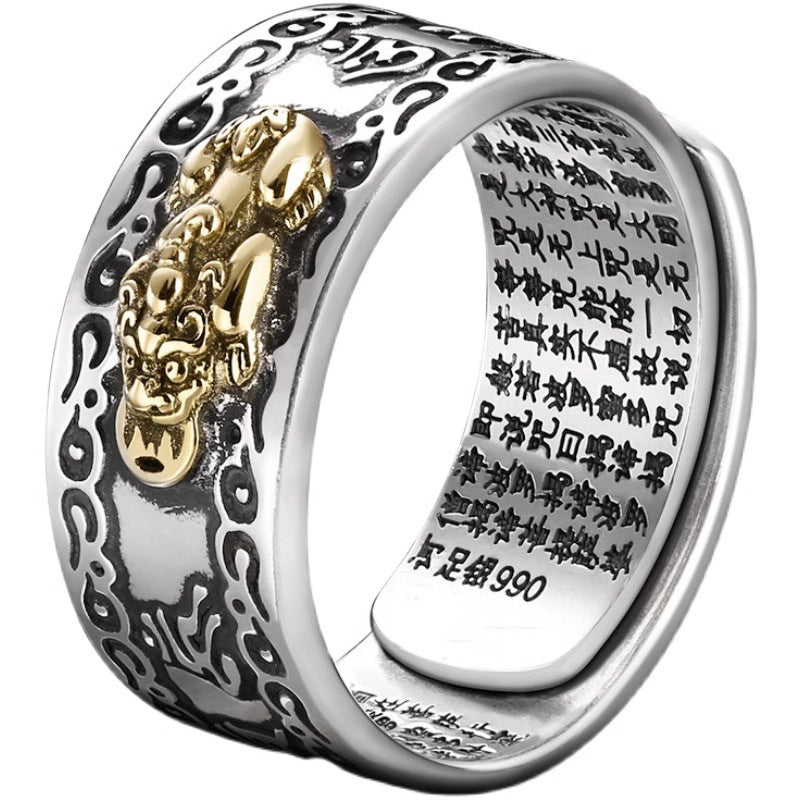 Feng Shui Pixiu Mantra Ring, Pixiu Charms Ring 990 Silver Buddhist Good Luck Amulet Mantra Double Protection Wealth Love Health