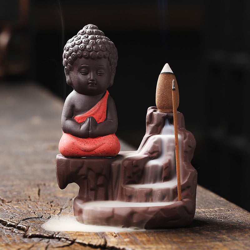 Microfiber Meditating Monk Buddha Smoke Backflow Cone Incense Holder with 10 Scented Cone, Monk Buddha Idol Statues for Home Decor Items Mandir Decorative