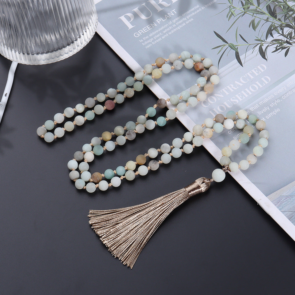 6mm Natural Amazonite Stone Long Beaded Necklace - 108 Hand Knotted Mara Beaded Fringe Long Tassel Boho Necklace with Tree of Life Pendant, Natural Gemstones Meditation Yoga Prayer Jewelry