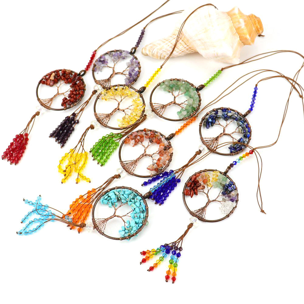 Tree of Life Sun Catcher Hanging Charm, 7 Chakra Gemstone Chip Pendant Decoration, Tree of Life Dream Catcher Car Hanging Ornament Boho Rainbow, Crystal Window Wall Decor