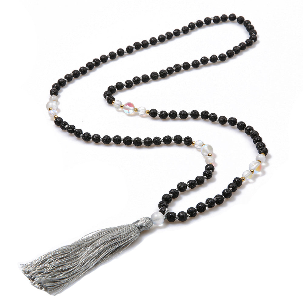 6mm 108 Mala Beads Natural Volcanic Stone Knotted Meditation Semi-Precious Necklaces, Men and Women Charm Necklace Hanging Black Tassel