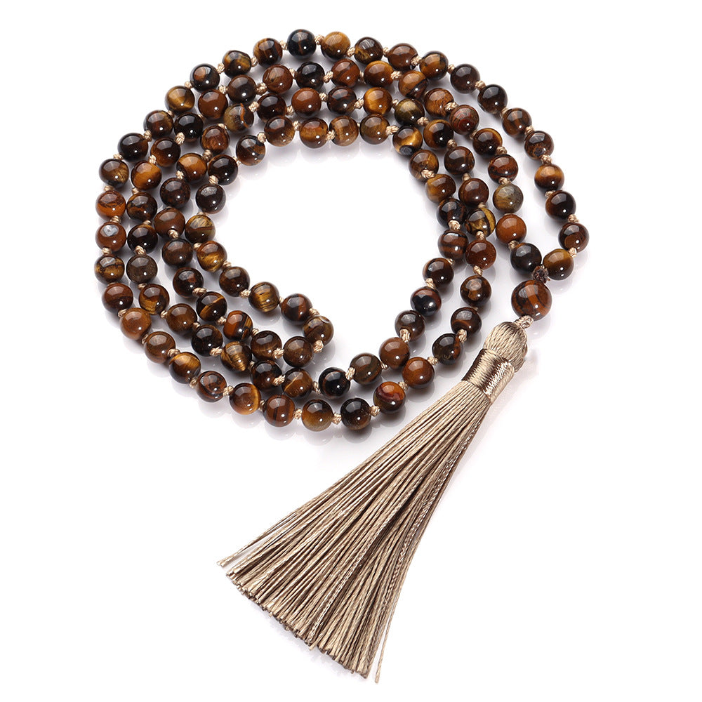 Natural 108 Mala Rosary 8mm Tiger Eye Beads Yoga Buddha Necklace, Japa Mala Prayer Beaded Tassel Tree of Life Necklace, Stone Meditation Statement Necklace