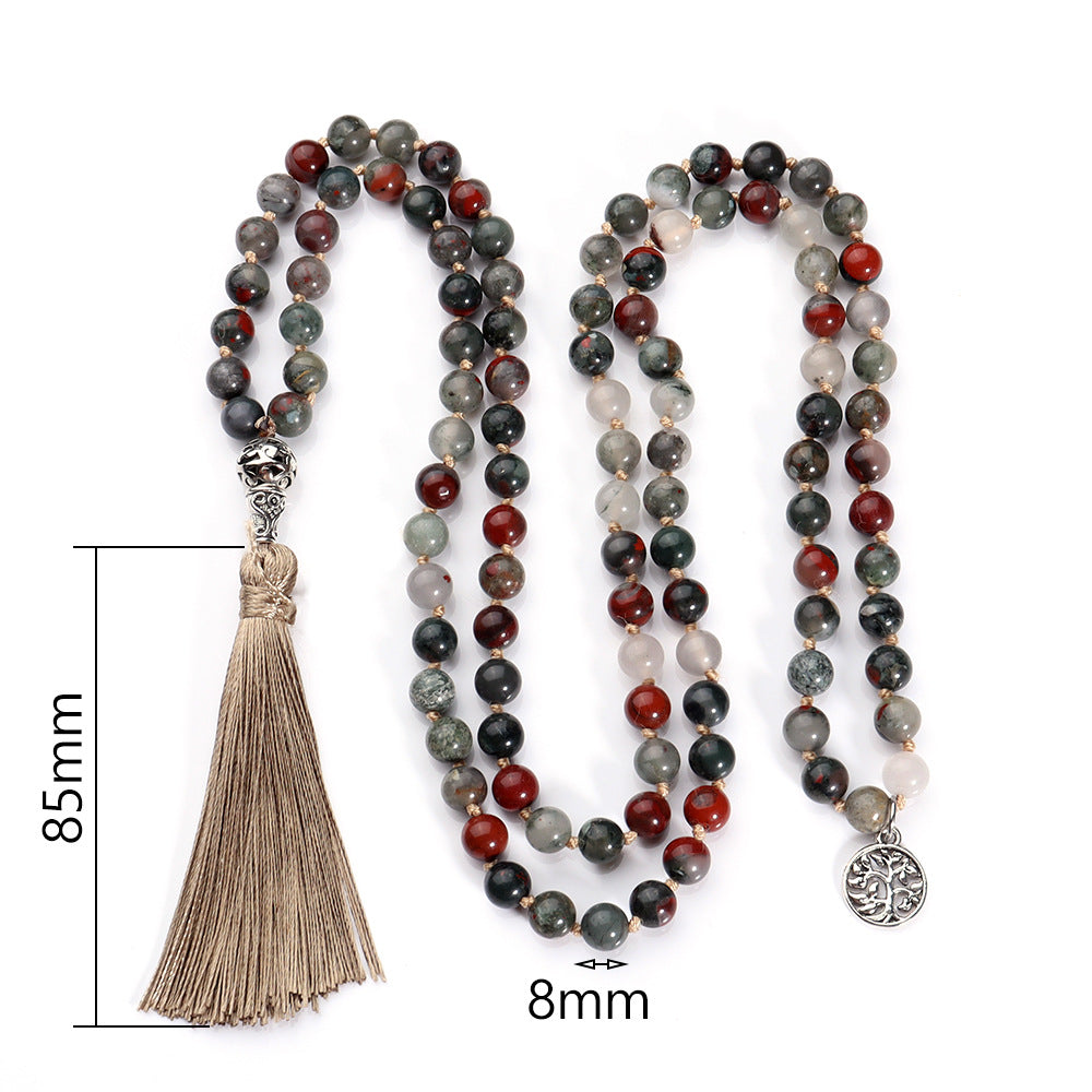 108 Mala Beads Necklace Semi-Precious Agate Gem Stones Necklace, Hand Knotted Japa Mala Beaded Tassel Necklace with Tree of Life Pendant