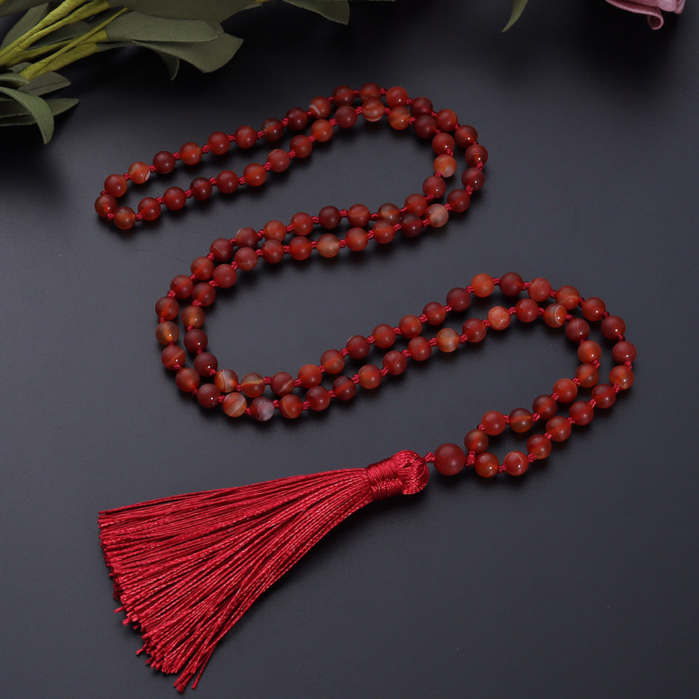 Smooth Natural Red Smooth Agate Mala Beads Necklace, Tassel Holy Beads Garland, 108 Prayer Beads Hand Made Mala Necklace